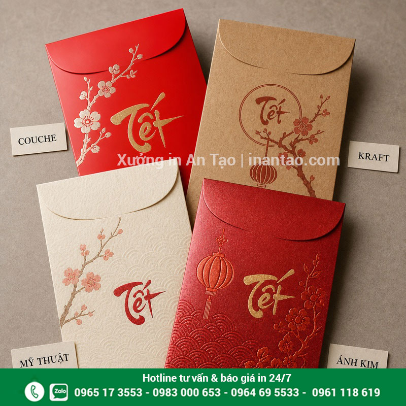 Chất liệu giấy in bao lì xì theo yêu cầu Các chất liệu giấy dùng in bao lì xì gồm Couche Kraft mỹ thuật và ánh kim
