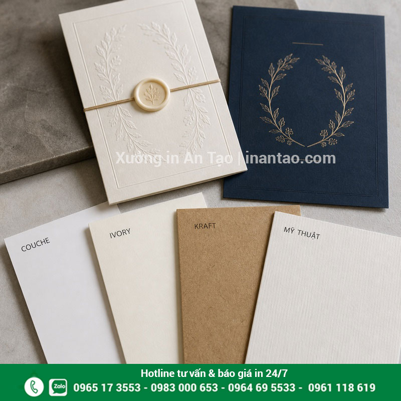 Chất liệu in thiệp theo yêu cầu Mẫu giấy Couche Ivory Kraft và mỹ thuật dùng in thiệp theo yêu cầu