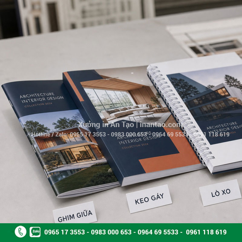 Các kiểu đóng cuốn catalogue Catalogue đóng ghim giữa keo gáy và lò xo hoàn chỉnh