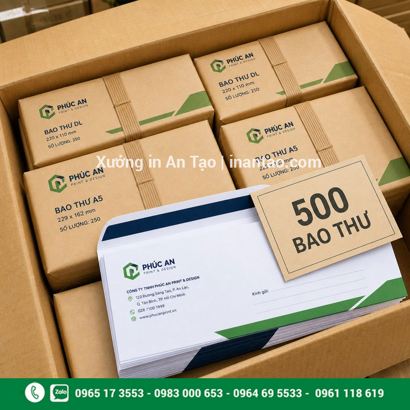 Đóng gói đơn in bao thư sẵn sàng giao hàng Đơn hàng bao thư đã in hoàn chỉnh được đóng gói giao khách