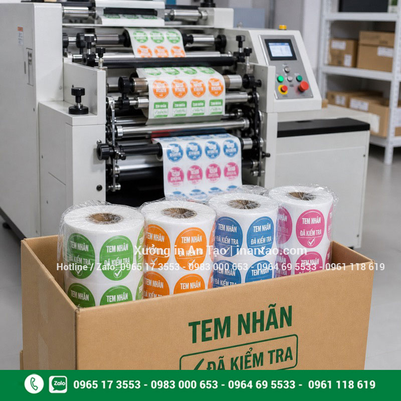 Đóng gói tem nhãn sau khi in Tem nhãn dạng cuộn được kiểm tra và đóng gói thành phẩm