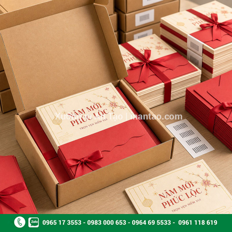 Đóng gói thành phẩm in thiệp chúc mừng năm mới Thành phẩm in thiệp chúc mừng năm mới được đóng gói trong hộp