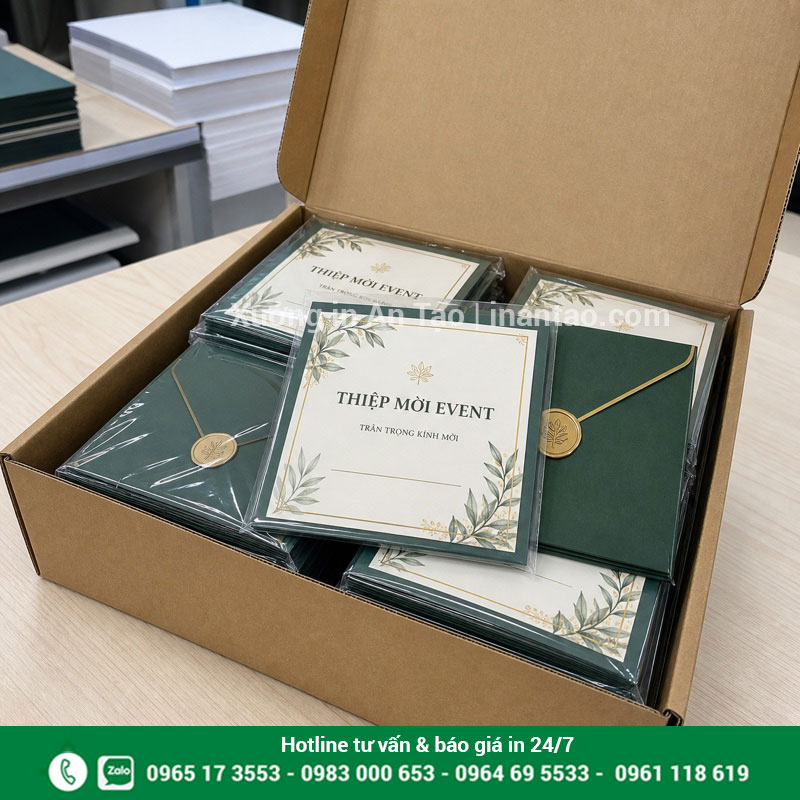 Đóng gói thiệp mời event trước khi giao Đóng gói thiệp mời event hoàn thiện kèm phong bì