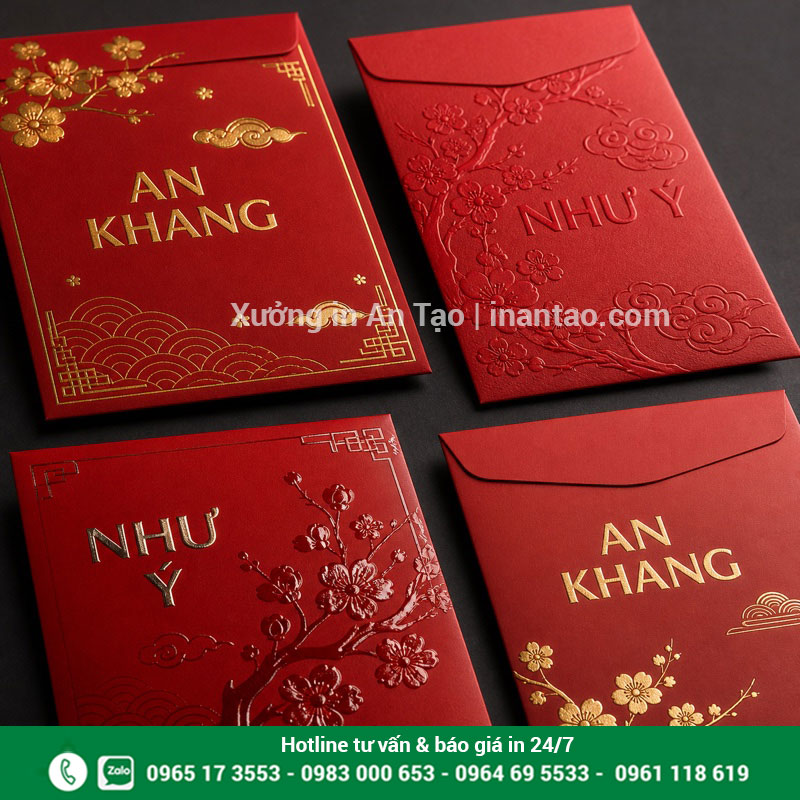 Gia công bao lì xì cao cấp sau in Mẫu in bao lì xì ép kim dập nổi UV và cán mờ