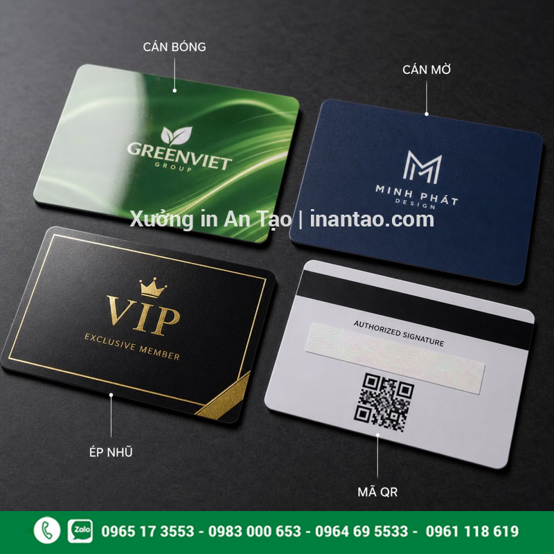 So sánh bề mặt gia công thẻ nhựa hoàn thiện Gia công in thẻ nhựa cán bóng cán mờ ép nhũ và mã QR