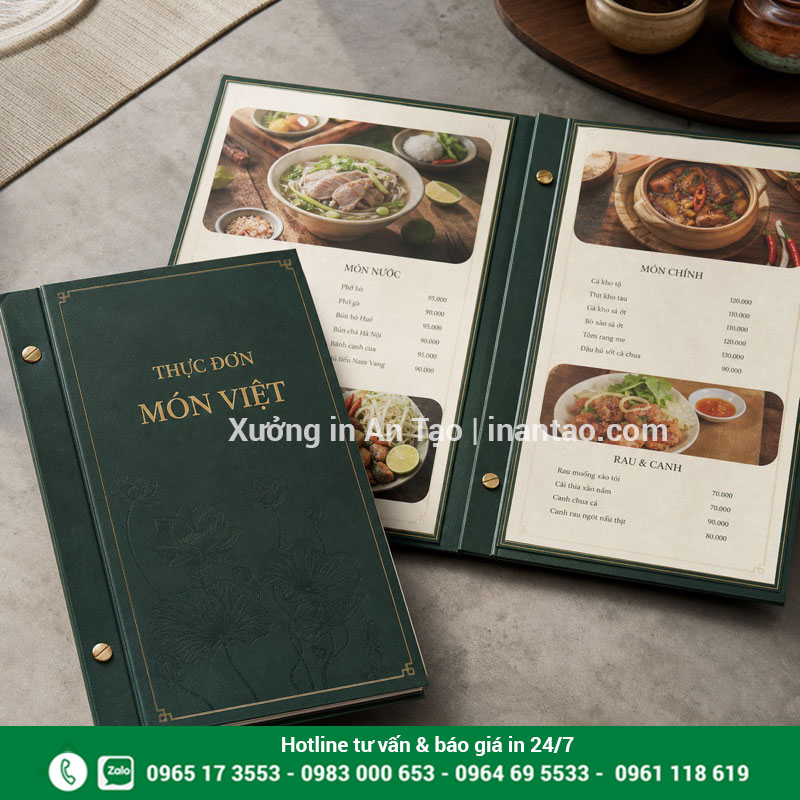 In menu bìa cứng cao cấp, chắc tay và sắc nét Mẫu in menu bìa cứng xanh đậm mở phẳng với hình món Việt