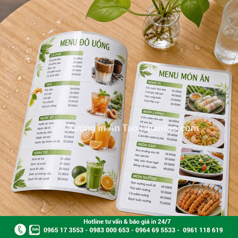 In menu giấy nhựa bền, dễ lau cho quán ăn và cà phê Hai mẫu in menu giấy nhựa chống nước cho món ăn và đồ uống