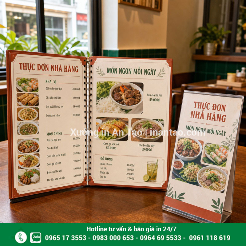In menu nhà hàng giá rẻ, dễ đọc và đồng bộ nhận diện Mẫu in menu nhà hàng giá rẻ trình bày món ăn rõ ràng