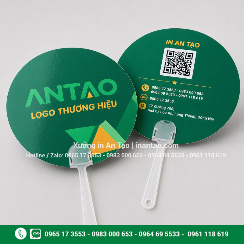 In quạt giấy cầm tay hai mặt sắc nét Mẫu in quạt giấy cầm tay hai mặt có logo và mã QR