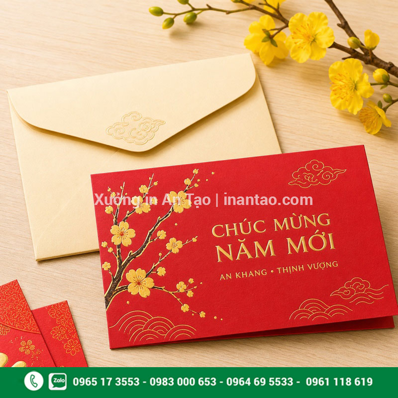 In thiệp Tết đẹp, giá xưởng tại intemdecal.com Bộ in thiệp Tết đẹp màu đỏ ép kim kèm phong bì kem