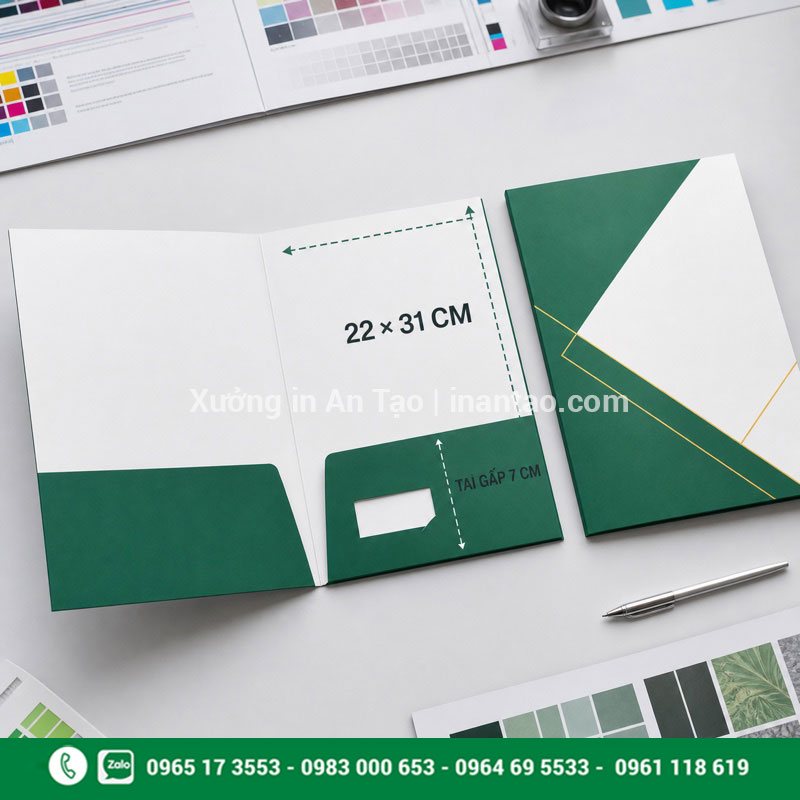 Quy cách folder 22 x 31 cm và tai gấp 7 cm Kích thước in folder A4 với tai gấp 7 cm