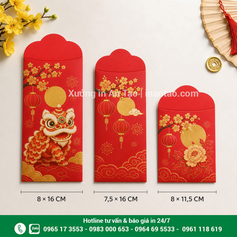 Kích thước in bao lì xì thông dụng So sánh kích thước in bao lì xì phổ biến 8 x 16 cm và 7,5 x 16 cm