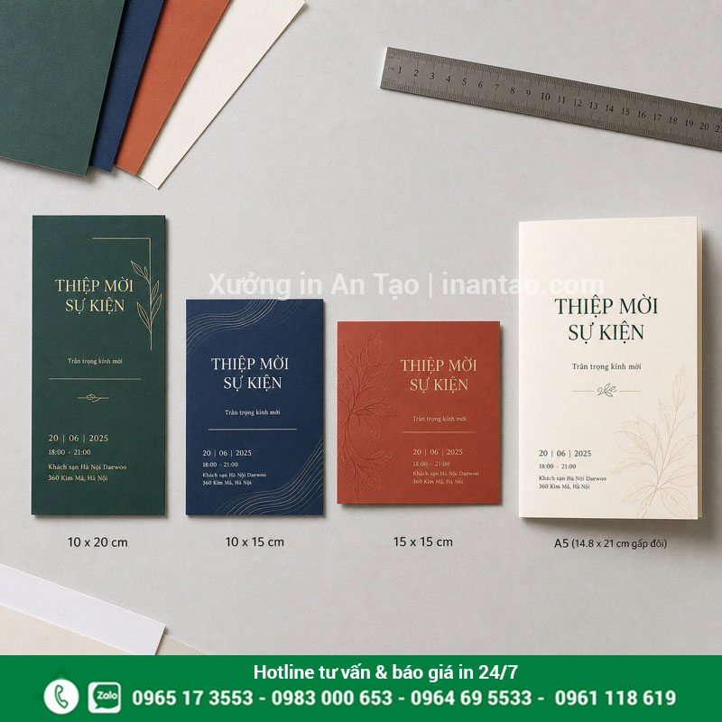 Kích thước thiệp mời event phổ biến So sánh kích thước thiệp mời event đứng ngang vuông và gấp đôi