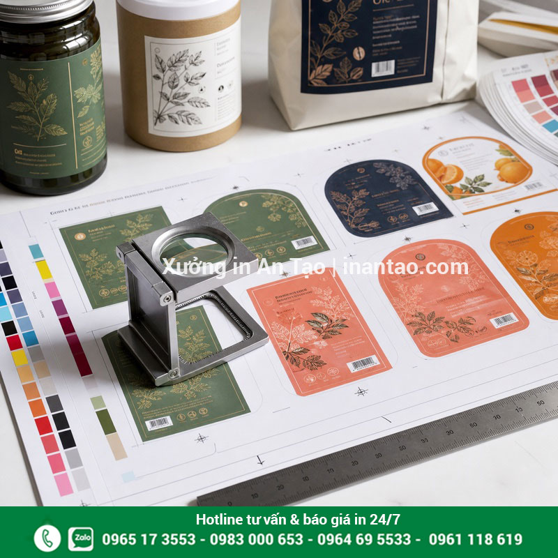 Kiểm màu in decal trước khi gia công Kiểm tra màu sắc và độ nét của bản in decal tem nhãn