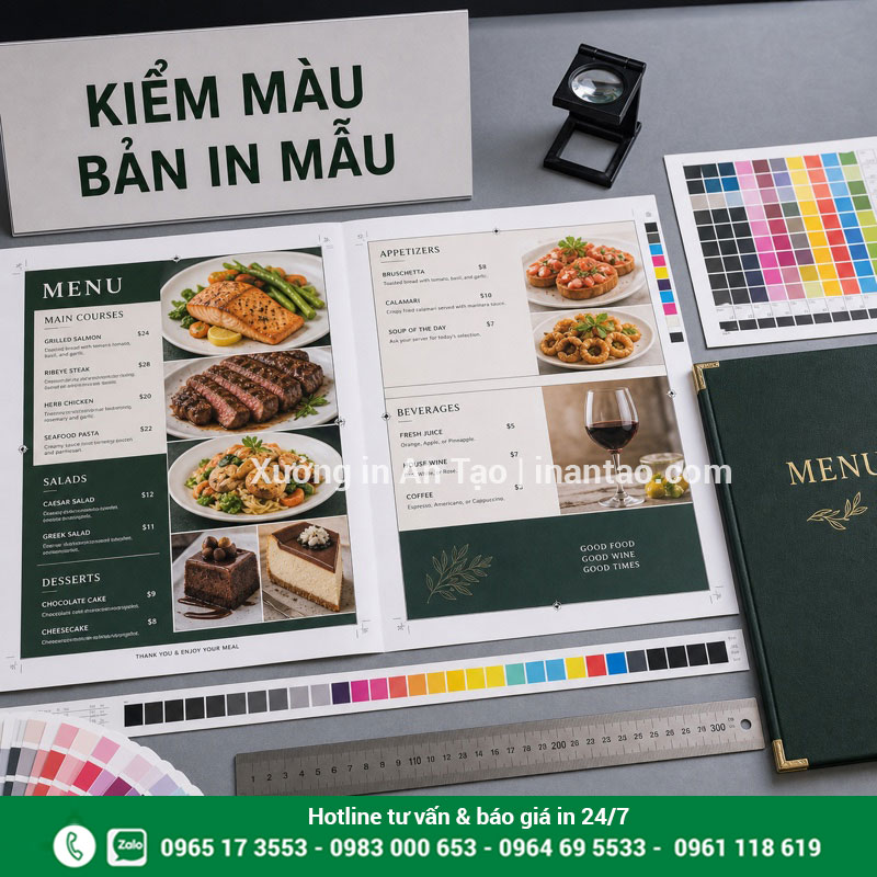 Kiểm màu và kiểm file trước khi in menu số lượng lớn Bản in menu mẫu đang được kiểm màu trước sản xuất