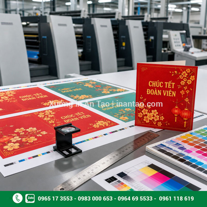 Kiểm màu trước khi in thiệp Tết hàng loạt Bàn kiểm màu bản in thiệp Tết tại xưởng in hiện đại
