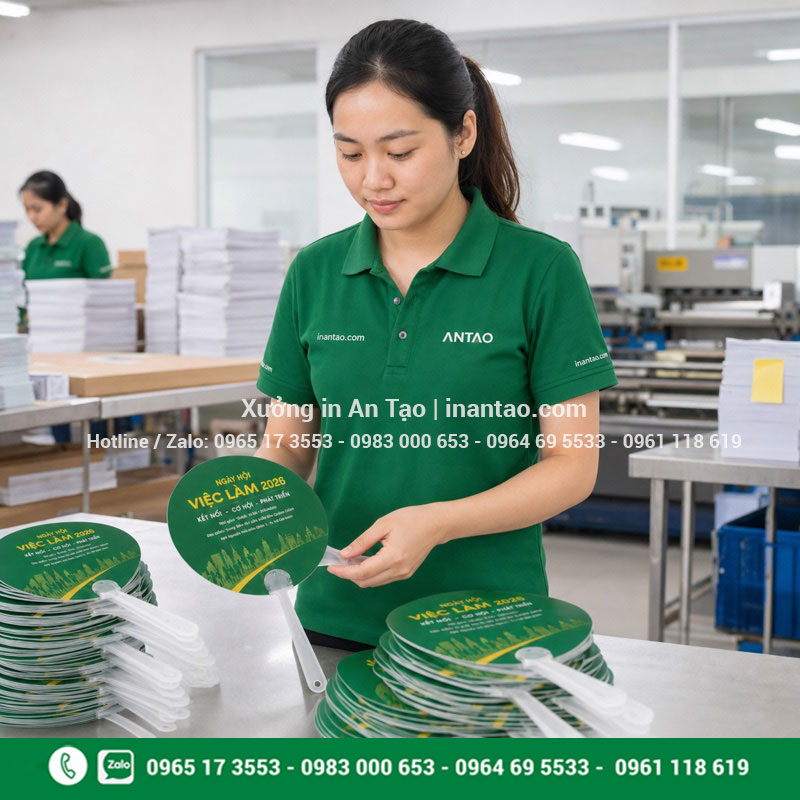 Kiểm tra chất lượng quạt giấy quảng cáo Nhân viên Việt Nam kiểm tra quạt giấy quảng cáo sau in