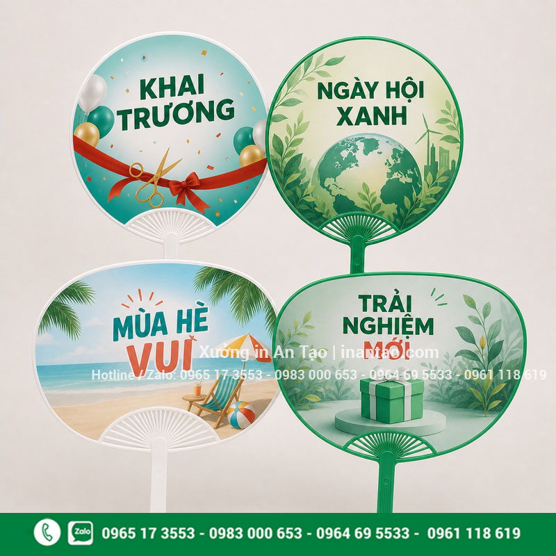 Mẫu in quạt nhựa cầm tay theo yêu cầu Các mẫu in quạt nhựa cầm tay dạng tròn và bầu