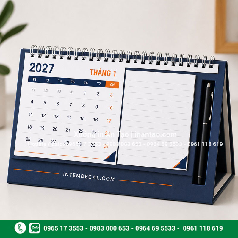 In lịch bàn chữ M tiện dụng Mẫu lịch để bàn chữ M có giấy ghi chú và khe cài bút