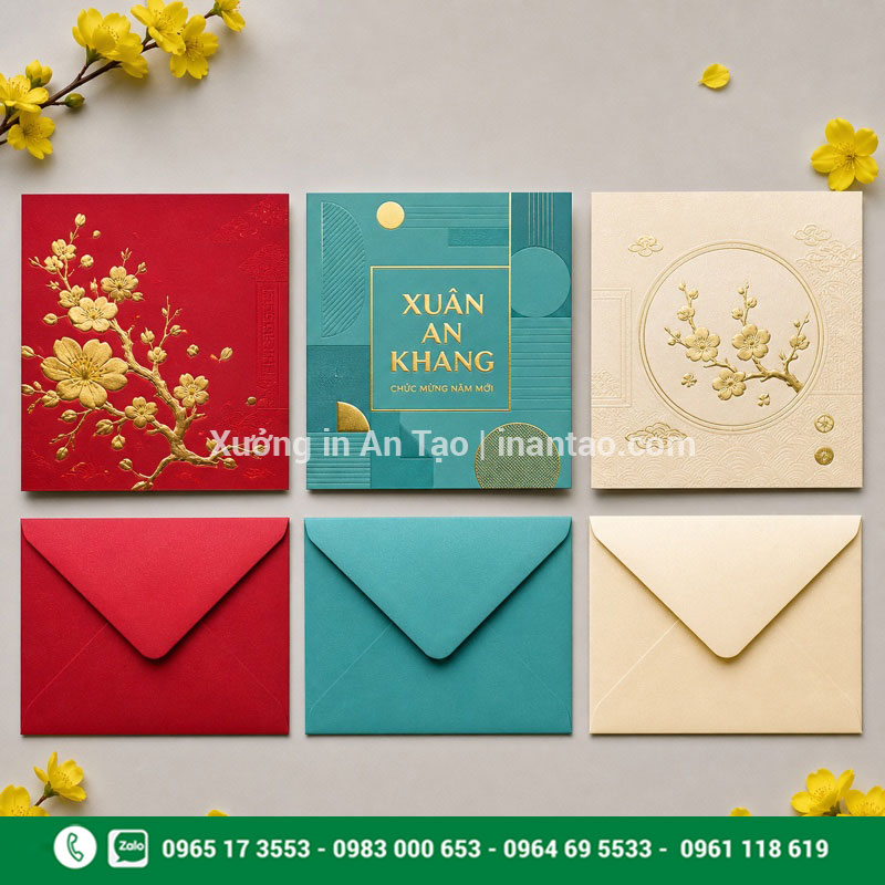 Mẫu thiệp chúc Tết đẹp theo ba phong cách Ba mẫu thiệp chúc Tết đẹp cho doanh nghiệp kèm phong bì đồng màu