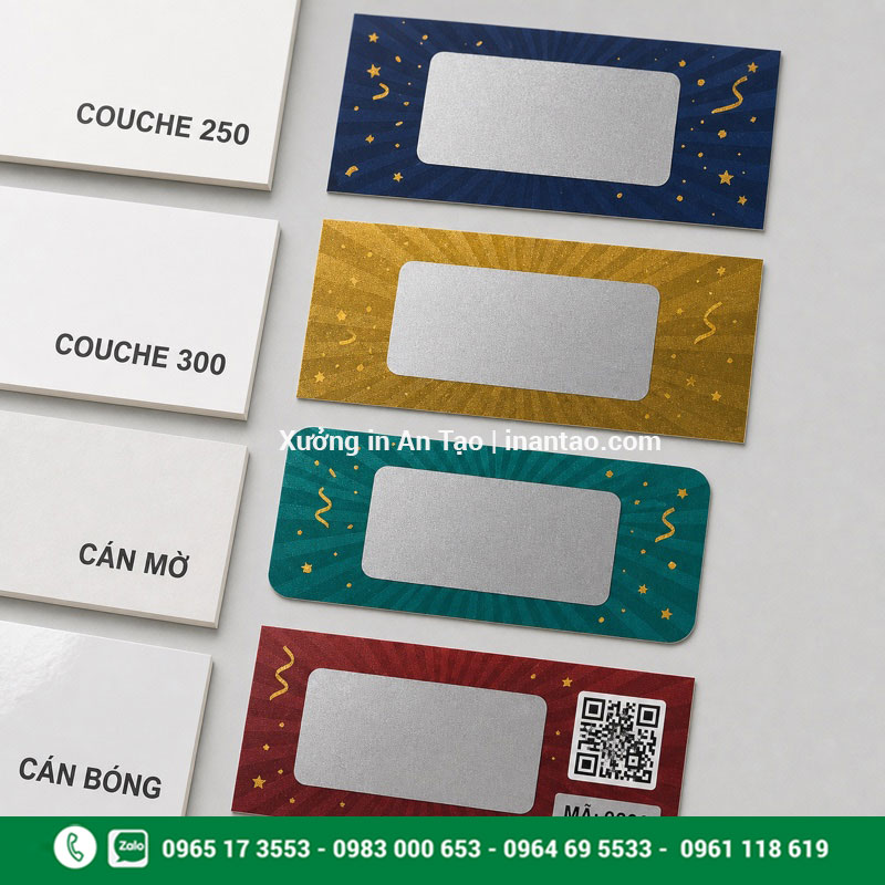 Quy cách in ấn thẻ cào Couche 250gsm và 300gsm Quy cách giấy Couche và kiểu hoàn thiện khi in ấn thẻ cào