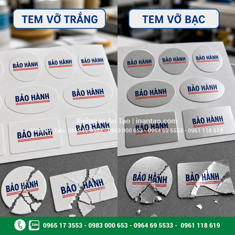 In tem bảo hành vỡ trên decal trắng và bạc So sánh tem bảo hành vỡ trắng và tem bảo hành vỡ bạc