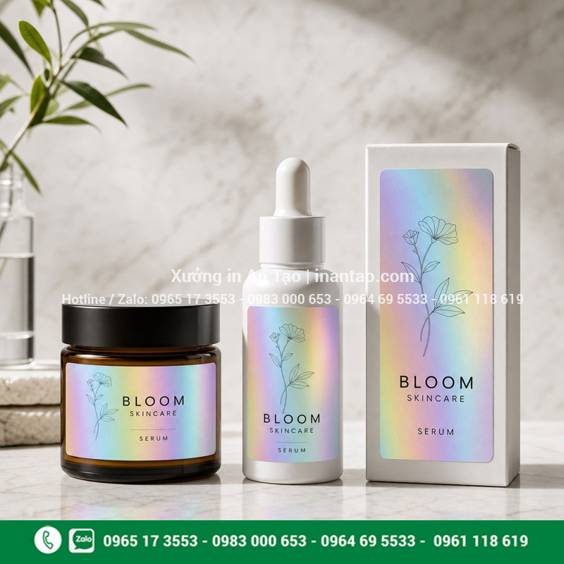 Ứng dụng tem bảy màu thường trên mỹ phẩm Tem bảy màu thường dán chai lọ và hộp mỹ phẩm