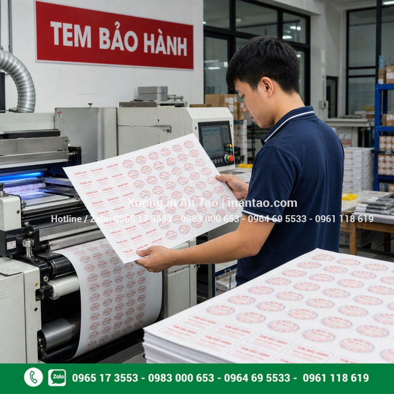 Xưởng in tem bảo hành theo yêu cầu Xưởng in tem bảo hành đang kiểm tra tờ tem sau in