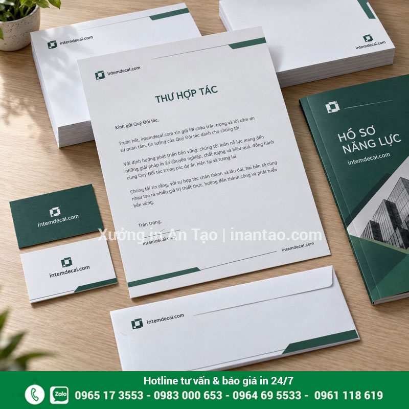 Bộ tài liệu doanh nghiệp đồng bộ nhận diện Bộ giấy tiêu đề, danh thiếp, phong bì và profile phối xanh đồng bộ intemdecal.com