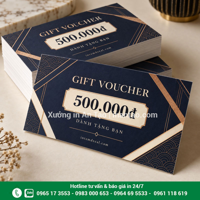 Giấy và bề mặt hoàn thiện cho voucher Xấp voucher 500.000 đồng màu xanh đậm với mép giấy dày được xén gọn