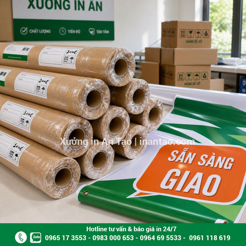 Đóng gói banner hoàn chỉnh để giao khách Banner được cuộn và đóng gói bảo vệ trước khi giao hàng