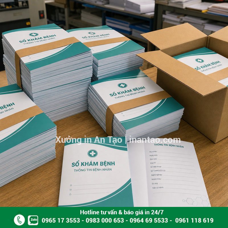 Đóng gói sổ khám bệnh trước khi giao hàng Đóng gói đơn in sổ khám bệnh giá rẻ sau kiểm tra