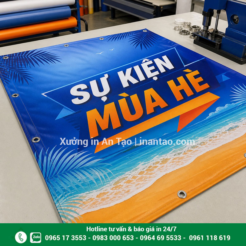Gia công đóng khoen banner chắc chắn Banner Hiflex hoàn chỉnh với biên gấp và khoen kim loại