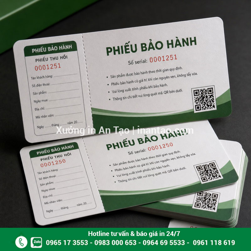 Các kiểu gia công thẻ bảo hành theo yêu cầu Thẻ bảo hành bo góc, bế răng cưa, in số nhảy và mã QR