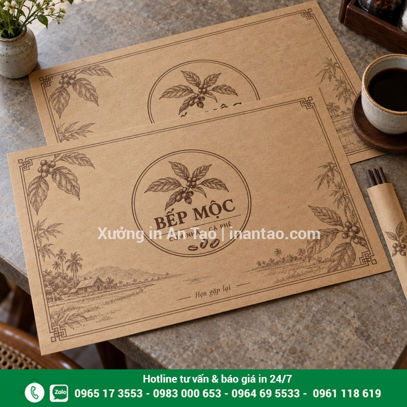 Giấy Kraft lót bàn in một màu Hai tờ giấy Kraft lót bàn in một màu với thiết kế Bếp Mộc