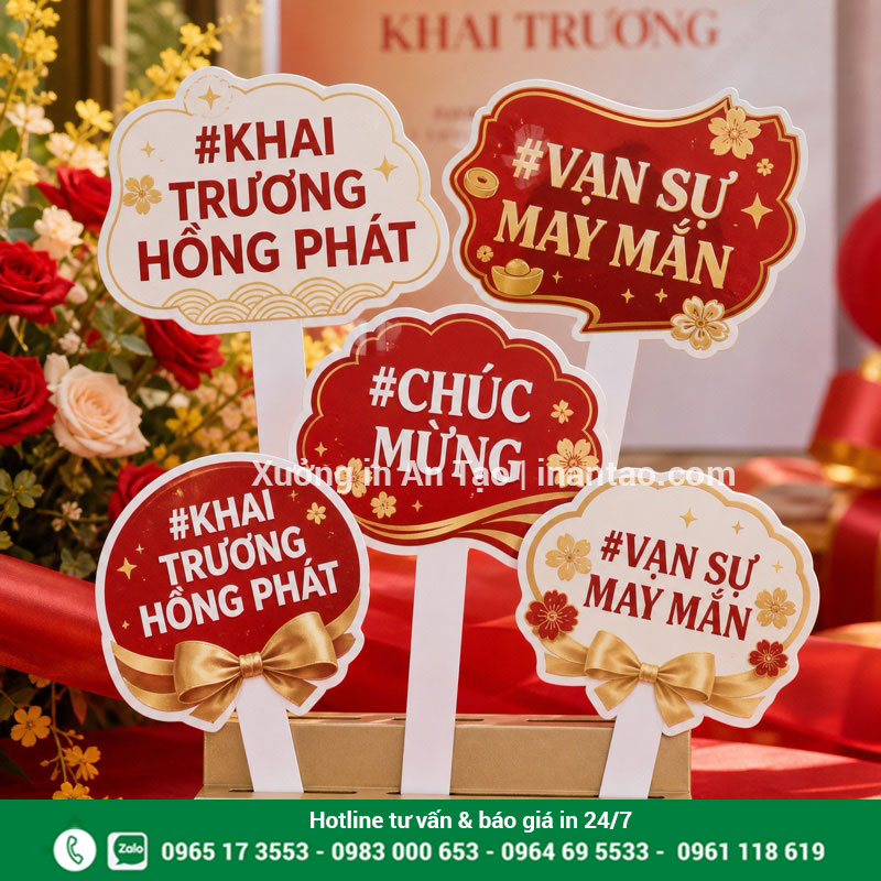 Hashtag cầm tay khai trương theo yêu cầu Bộ hashtag cầm tay khai trương tông đỏ vàng đã in hoàn chỉnh