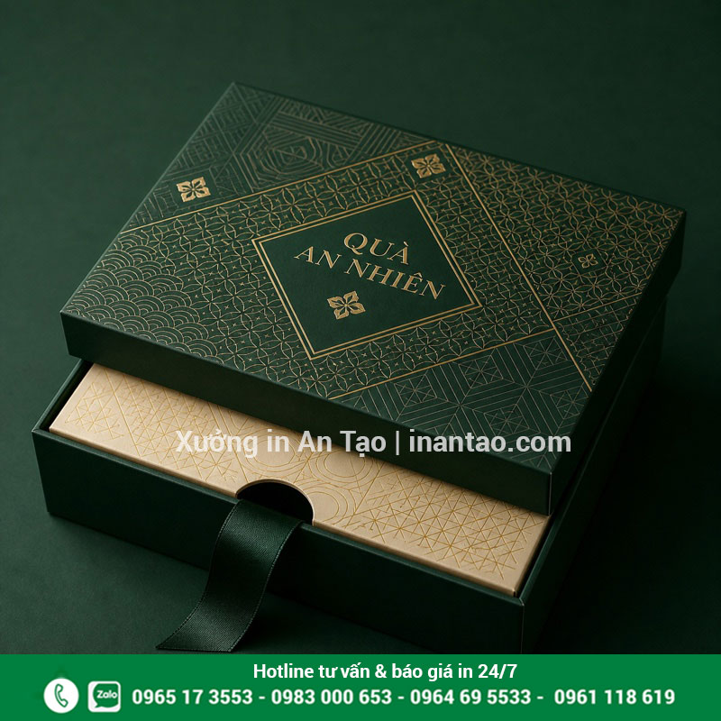 Hộp giấy cứng ép kim cao cấp Hộp giấy cứng màu xanh ép kim đựng quà tặng