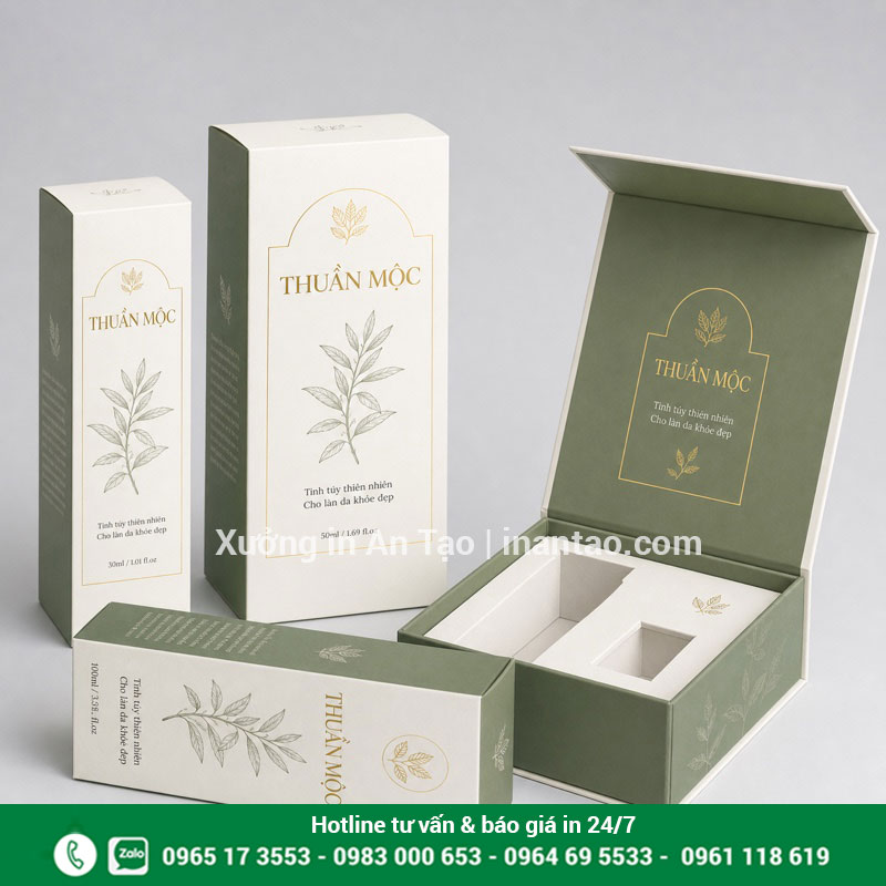 Mẫu hộp giấy mỹ phẩm cao cấp Hộp giấy mỹ phẩm Ivory cán mờ và ép kim hoàn thiện