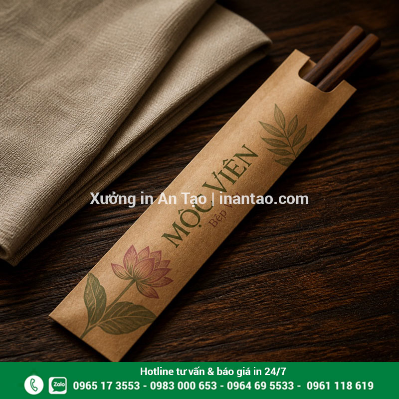 Mẫu in bao đũa giấy kraft phong cách mộc In bao đũa giấy kraft với thiết kế hoa lá cho nhà hàng Việt