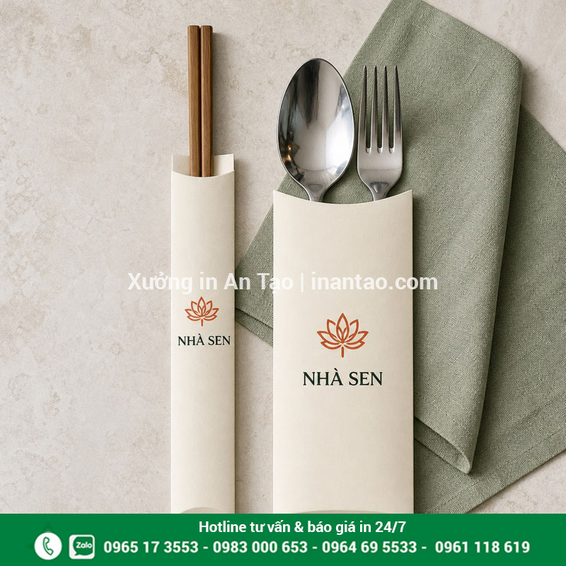 In bao muỗng đồng bộ nhận diện với bao đũa Mẫu in bao muỗng và bao đũa đồng bộ cho nhà hàng