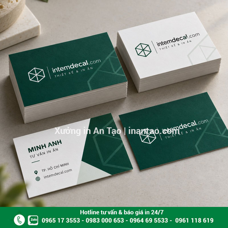 Mẫu in danh thiếp tại intemdecal.com Mẫu danh thiếp xanh trắng với thông tin liên hệ và nhận diện intemdecal.com