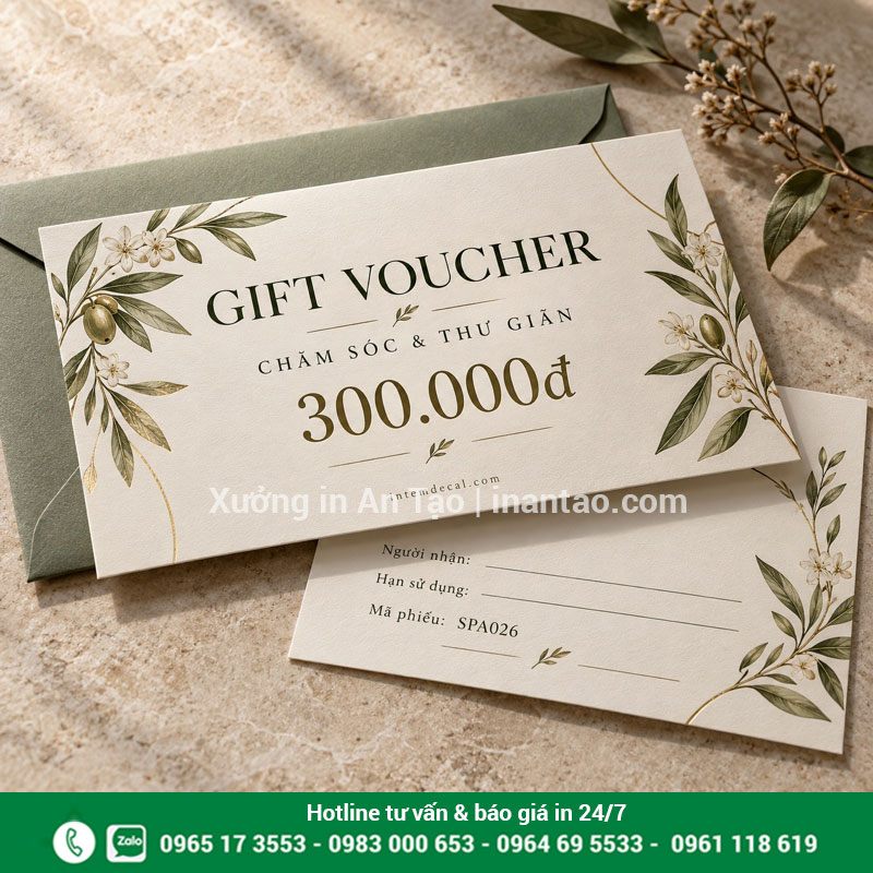 Mẫu gift voucher spa kèm phong bì Gift voucher spa 300.000 đồng màu kem đặt trên phong bì xanh nhạt