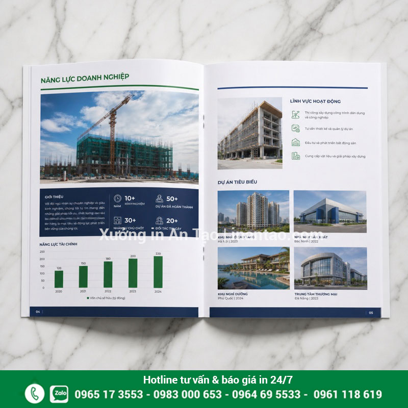 In hồ sơ năng lực công ty theo yêu cầu Trang ruột in hồ sơ năng lực công ty trình bày dự án và số liệu