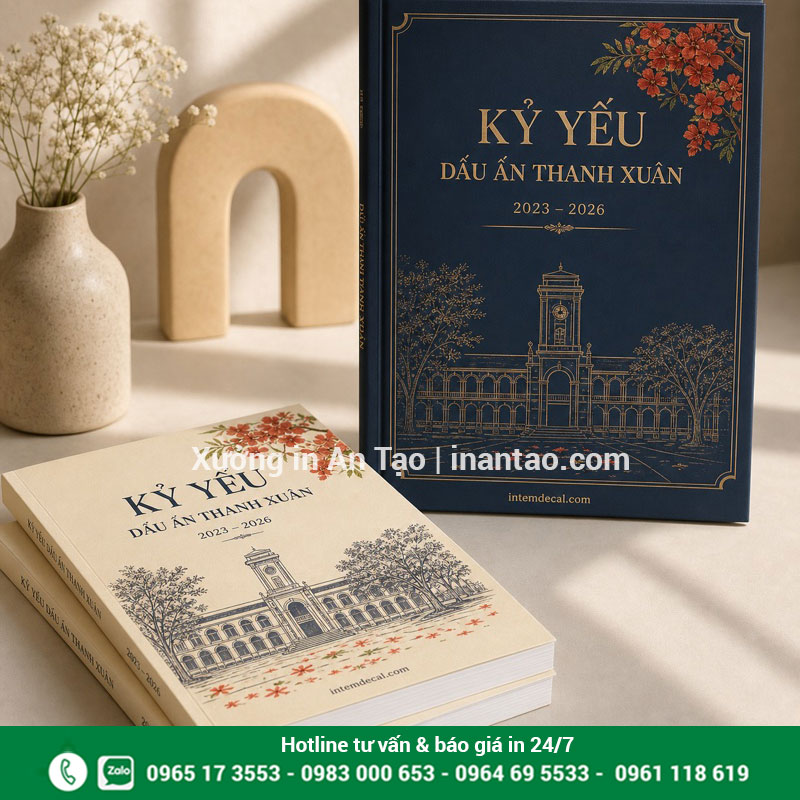 Mẫu in kỷ yếu theo yêu cầu tại intemdecal.com Mẫu kỷ yếu bìa xanh và bìa kem có thiết kế niên khóa 2023–2026