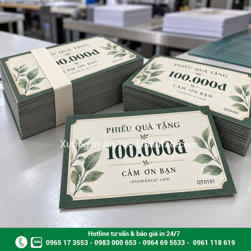 Mẫu phiếu quà tặng sau khi hoàn thiện Các xấp phiếu quà tặng 100.000 đồng màu xanh kem được xén và đóng bó