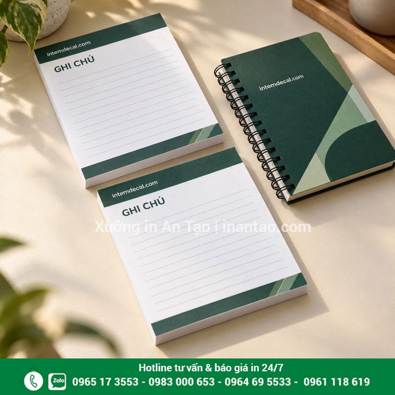 In sổ note theo yêu cầu tại intemdecal.com Bộ sổ note và tập giấy ghi chú in nhận diện intemdecal.com