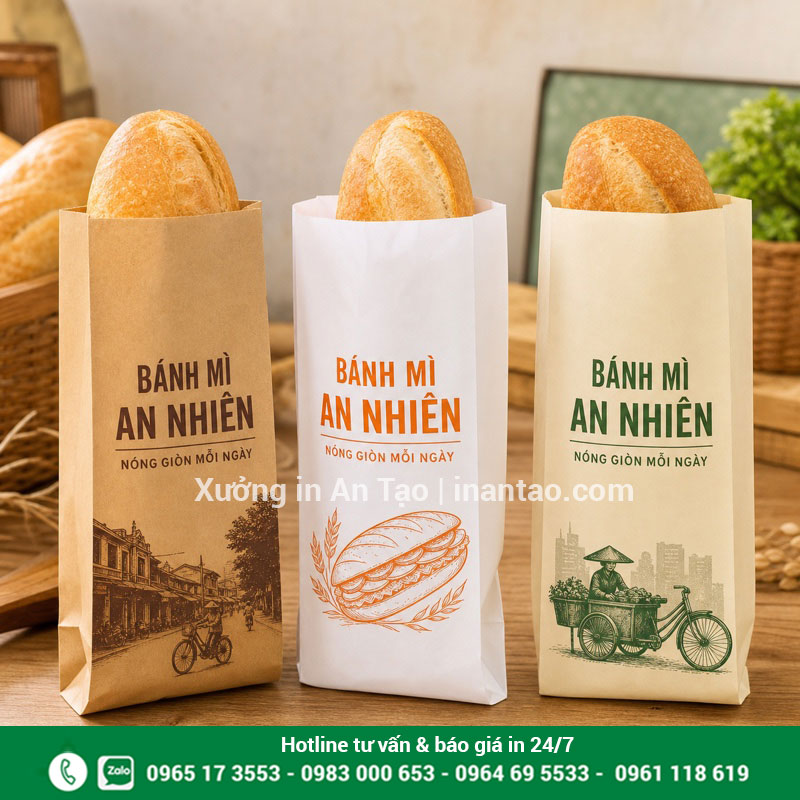In túi bánh mì theo yêu cầu tại intemdecal.com Mẫu in túi bánh mì bằng giấy kraft nâu, kraft trắng và giấy chống thấm dầu