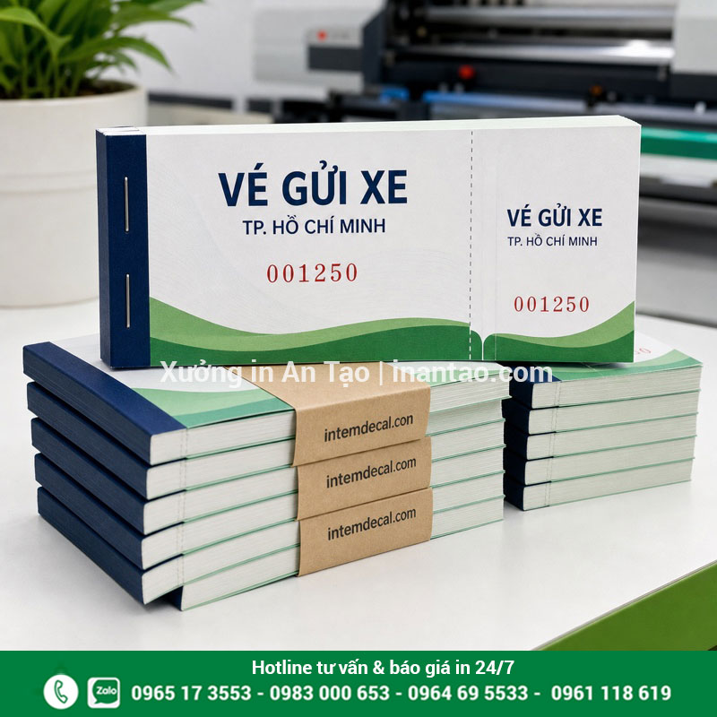In vé gửi xe HCM theo mẫu riêng tại intemdecal.com Cuốn in vé gửi xe HCM hoàn thiện và đóng gói gọn