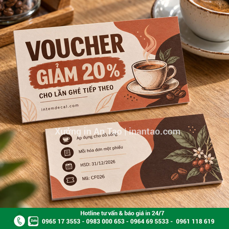 Mẫu voucher giảm giá cho quán cà phê Hai mặt voucher giảm 20 phần trăm cho quán cà phê với điều kiện sử dụng rõ ràng