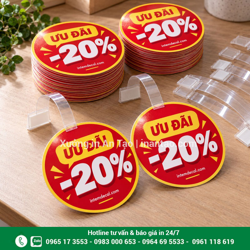 Bộ thành phẩm in wobbler theo thiết kế Bộ mặt in ưu đãi 20% bế tròn cùng thanh nhựa trong trên bàn